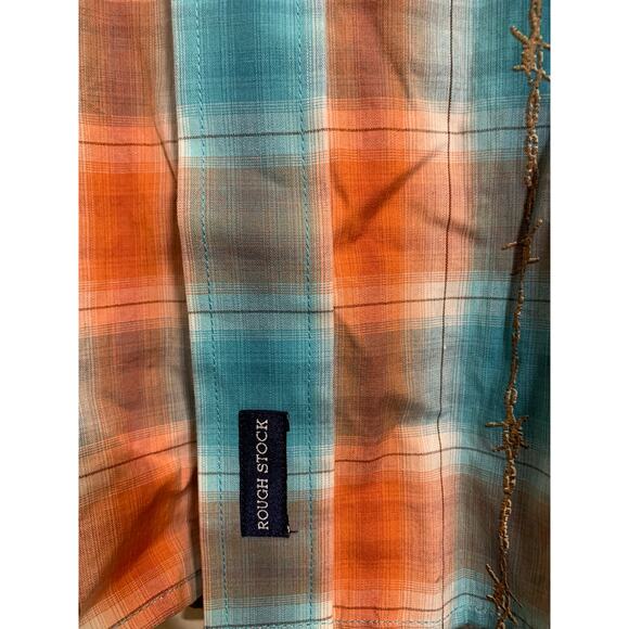 Rough Stock Mens Large Orange Blue Pearl Snap Western Flannel Cowboy Rodeo - Picture 5 of 14